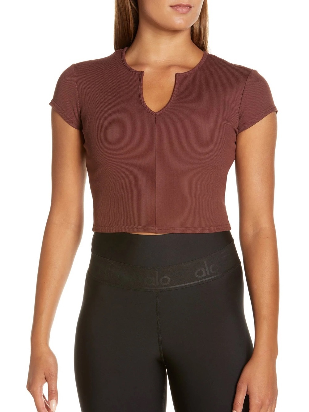 NWT ALO Ribbed Cropped Savvy Short Sleeve Cherry Cola Size M